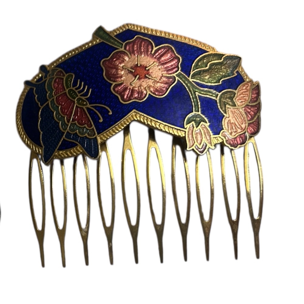 Floral Enamel Hair Comb Set - Blue and Gold
